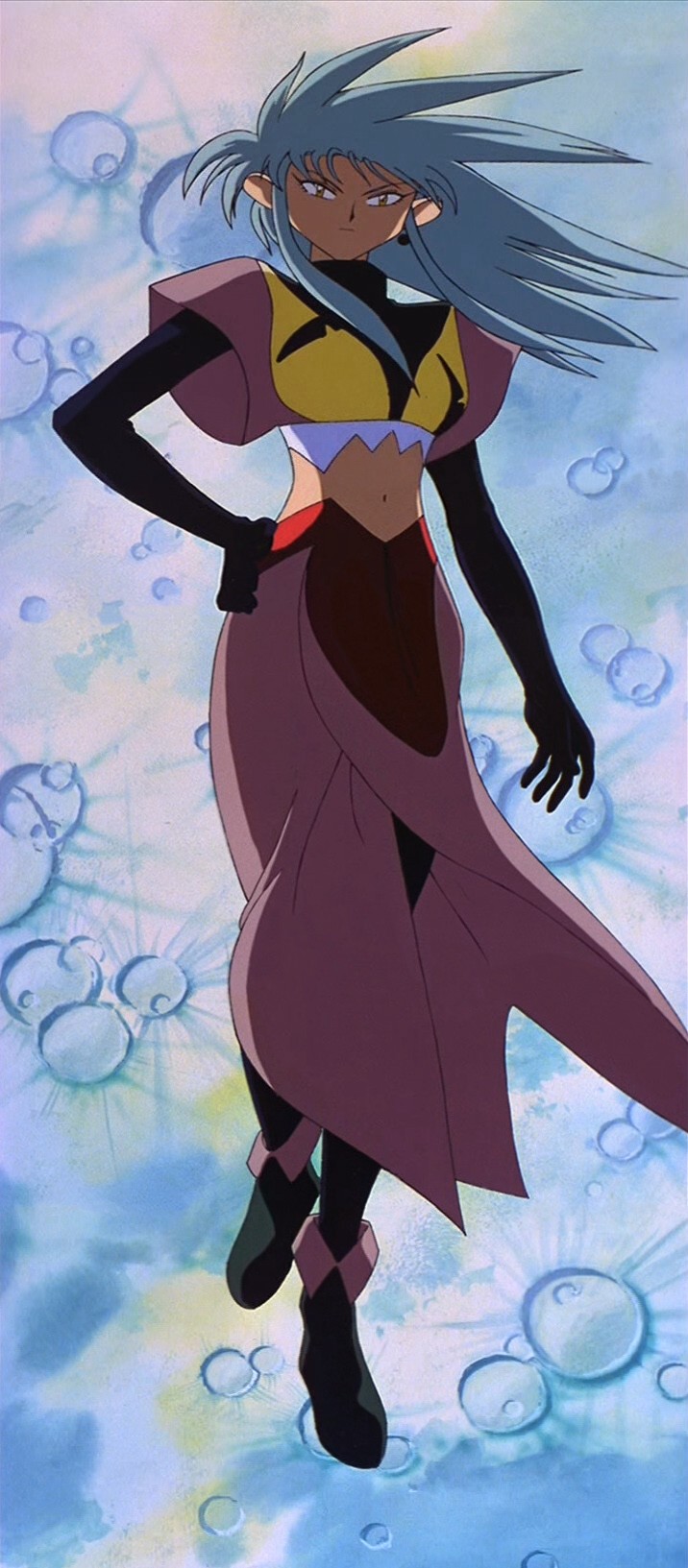 1girl, 90s, blue_hair, highres, moon, ryouko_(tenchi_muyou!), screencap, solo