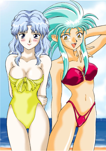 2girls, 90s, aic, arms_behind_back, beach, bikini, blue_eyes, blue_hair