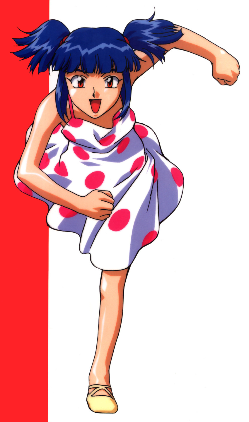 1girl, 90s, blue_hair, dress, highres, kajishima_masaki, masaki_mayuka, solo