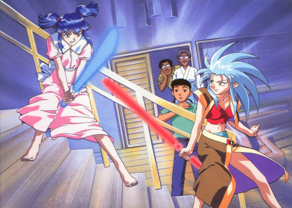2girls, 3boys, 90s, age_difference, barefoot, blue_hair, dress, energy_sword