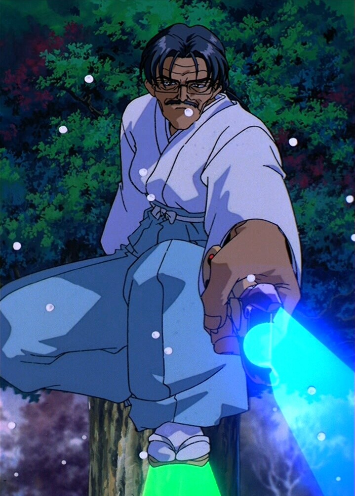 1boy, 90s, energy_sword, glasses, grey_hair, japanese_clothes, male_focus, masaki_katsuhito