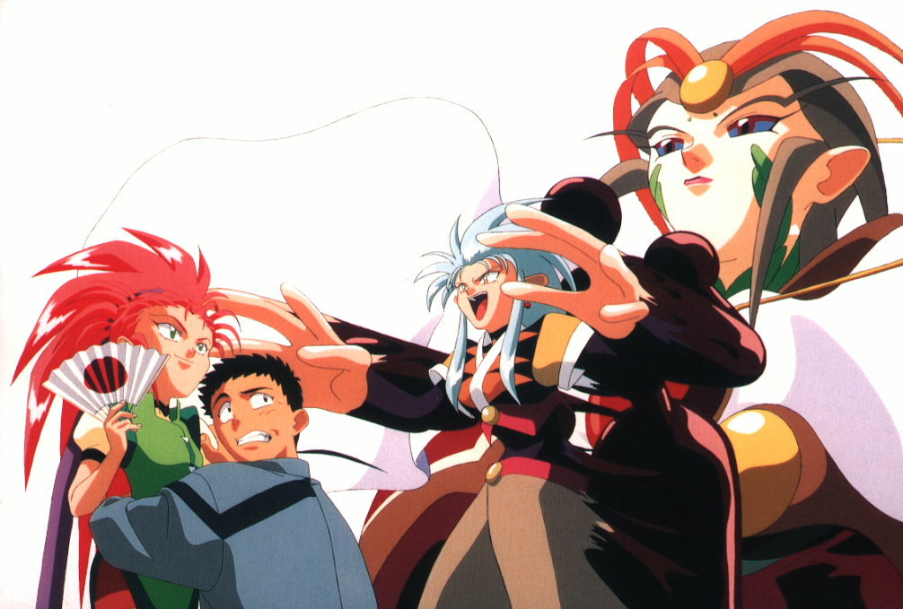 1boy, 3girls, 90s, blue_eyes, blue_hair, brown_hair, facial_mark, forehead_mark