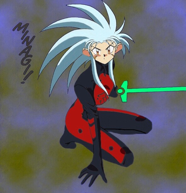 blue_hair, colored, energy_sword, minagi_(tenchi_muyou!), okuda_hitoshi, spiky_hair, sword, tenchi_muyou!, weapon, yellow_eyes