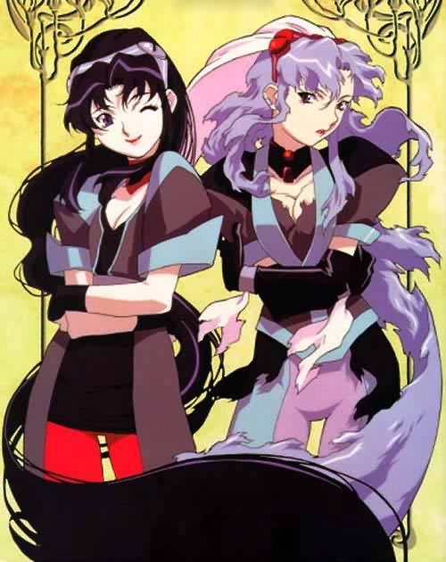2girls, 90s, black_hair, blue_hair, comparison, dual_persona, el_hazard, ifurita, ifurita_tv, long_hair, multiple_girls, nakazawa_kazuto, pantyhose, scan, wink, yellow_background