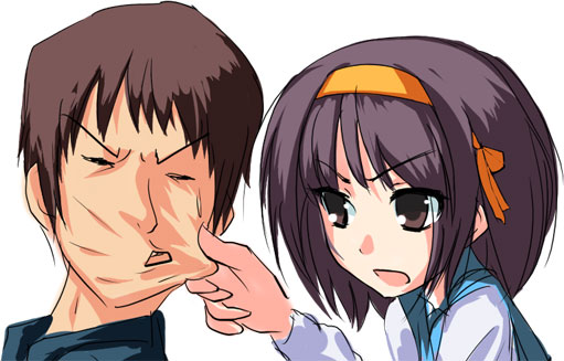 brown_hair, cheek_pinching, kyon, negy, pinching, short_hair, suzumiya_haruhi, suzumiya_haruhi_no_yuuutsu