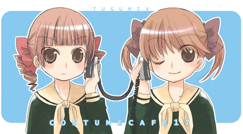 00s, 2girls, blush, brown_eyes, brown_hair, drill_hair, fukuzawa_yumi, hair_ribbon
