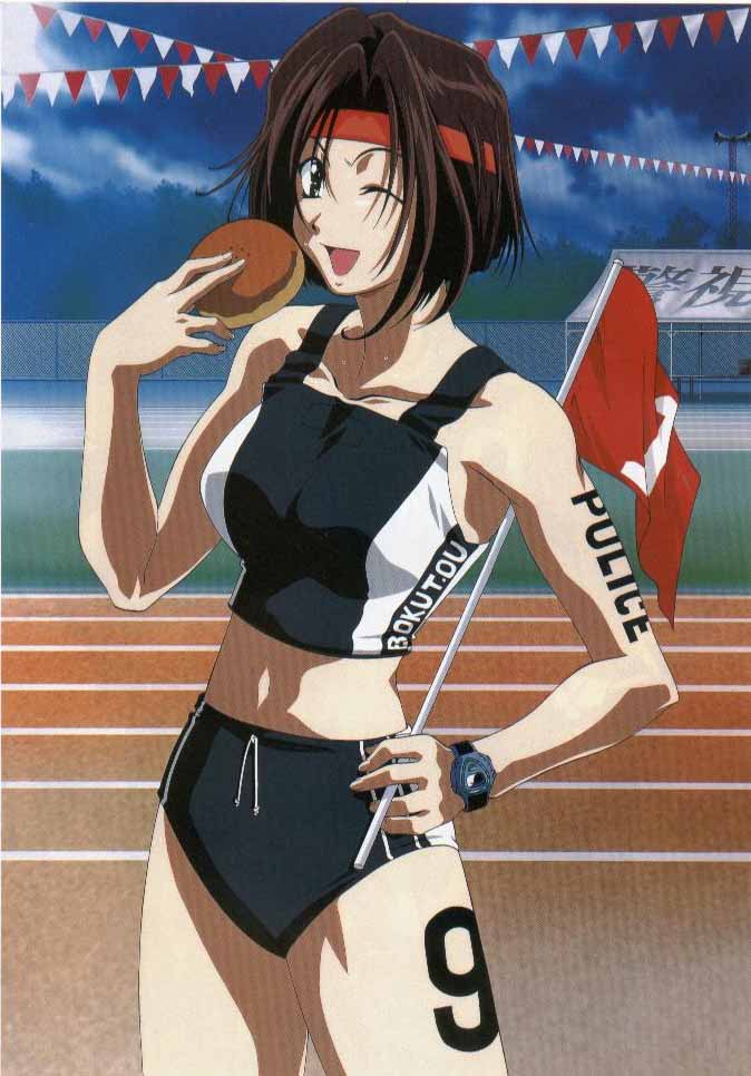 1girl, 90s, ;o, bare_shoulders, black_hair, body_writing, bread, breasts, brown_hair, buruma, chain-link_fence, clothes_writing, clouds, collarbone, cowboy_shot, crop_top, drawstring, eating, fence, flag, food, green_eyes, hand_on_hip, headband, holding, large_breasts, looking_at_viewer, midriff, nakajima_atsuko, navel, number, one_eye_closed, open_mouth, outdoors, scan, short_hair, sky, solo, sportswear, standing, sweat, tank_top, tattoo, tent, track, track_and_field, tsujimoto_natsumi, watch, watch, wink, you're_under_arrest, yua_visual_book