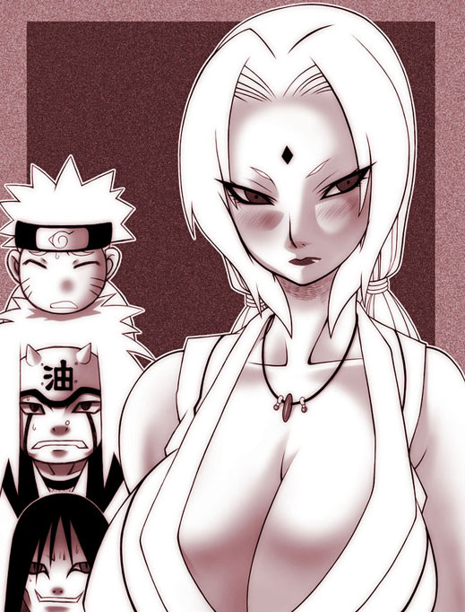 1girl, 3boys, blush, border, breasts, cleavage, closed_eyes, facial_mark