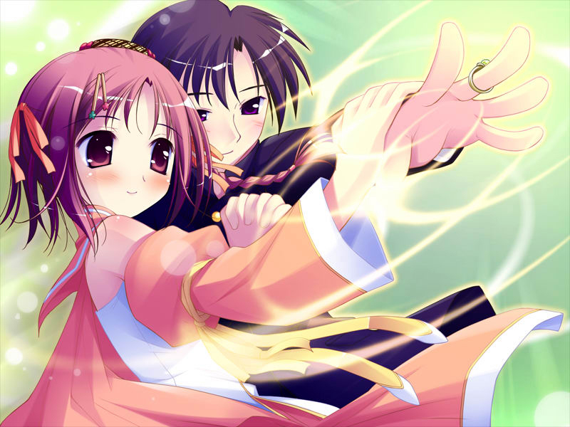 1boy, 1girl, black_hair, cape, detached_sleeves, energy, hair_ornament, hair_ribbon