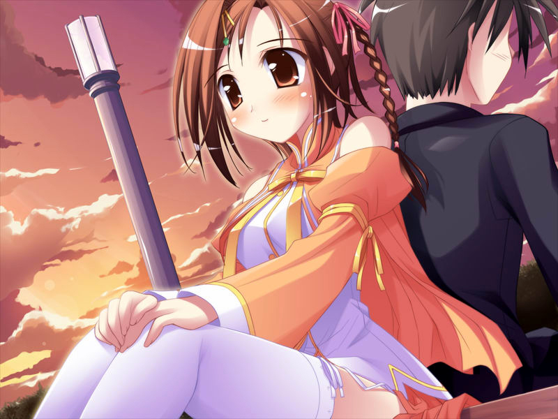 1boy, 1girl, back-to-back, blush, braid, brown_eyes, brown_hair, happiness!