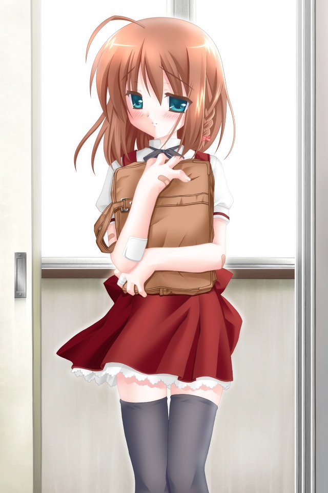 1girl, ahoge, bag, bandaid, black_legwear, blue_eyes, blush, braid, brown_hair, indoors, itaike_na_kanojo, nanase_honoka, ooshima_toshihiko, petticoat, school_bag, school_uniform, short_hair, side_braid, solo, thigh-highs, zettai_ryouiki