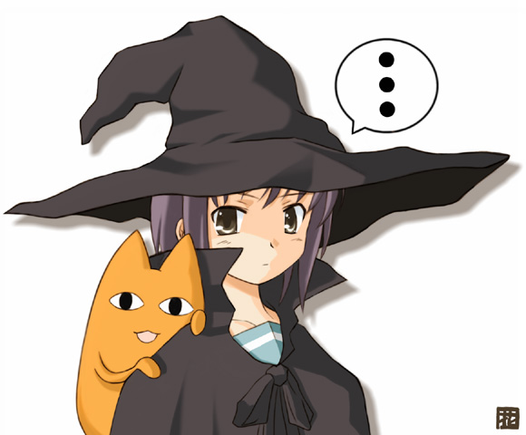 1girl, azumanga_daioh, chiyo_chichi, crossover, hana_(hana_mo_arashi_mo), hat, nagato_yuki, solo, suzumiya_haruhi_no_yuuutsu, witch, witch_hat
