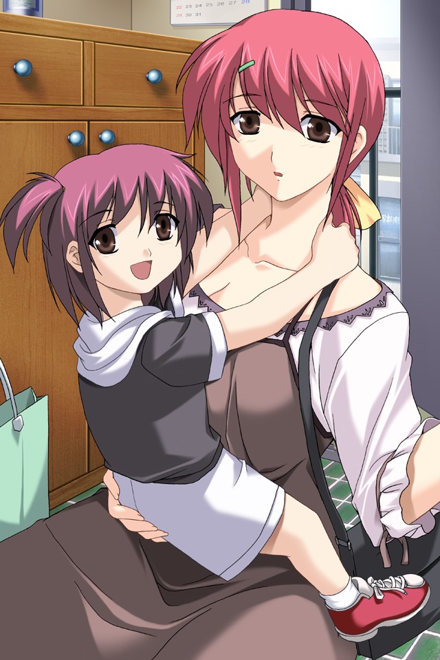 2girls, :d, :o, age_difference, anicd, apron, arms_around_neck, ass