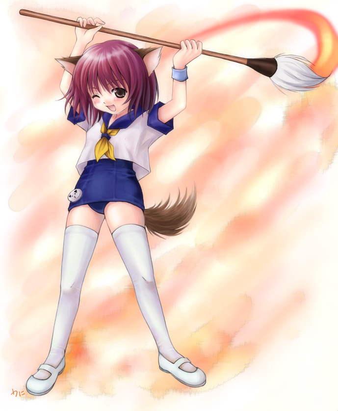 1girl, animal_ears, blush, brown_eyes, brush, full_body, ishizaki_uni, one-piece_swimsuit