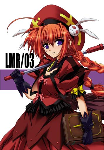 1girl, ahoge, beret, book, bow, braid, dress, flat_chest, gloves, graf_eisen, hat, long_hair, lyrical_nanoha, mahou_shoujo_lyrical_nanoha, mahou_shoujo_lyrical_nanoha_a's, orange_hair, smile, solo, tome_of_the_night_sky, twin_braids, violet_eyes, vita, weapon, yatsushima_tetsuya