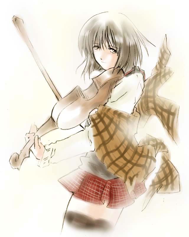 1girl, brown_hair, instrument, iwaki_hiro, kanon, misaka_shiori, red_skirt, shawl, simple_background, skirt, solo, thigh-highs, violin