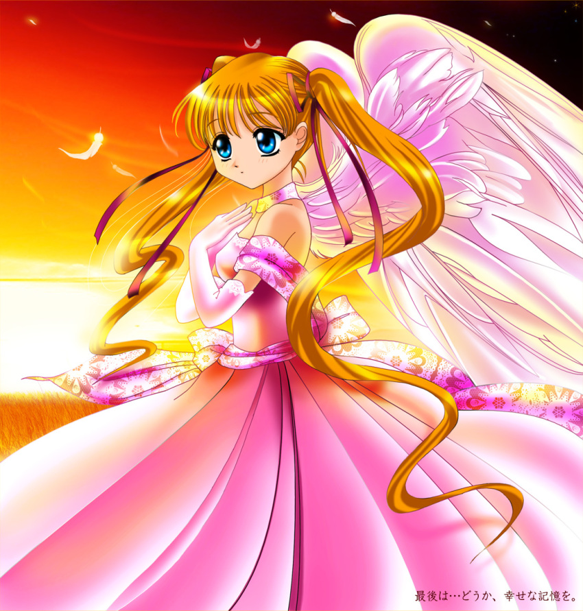 angel_wings, arm_gloves, blonde_hair, blue_eyes, dress, elbow_gloves, feathers, gloves
