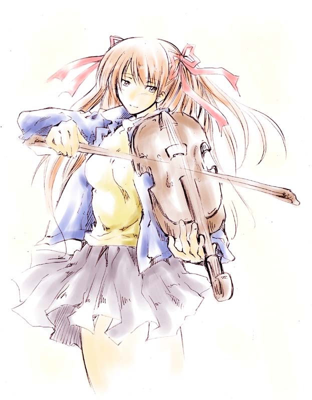 1girl, blonde_hair, denim_jacket, hair_ribbon, instrument, iwaki_hiro, jacket, kanon, looking_away, orange_hair, ribbon, sawatari_makoto, simple_background, skirt, smile, solo, turtleneck, two_side_up, violet_eyes, violin