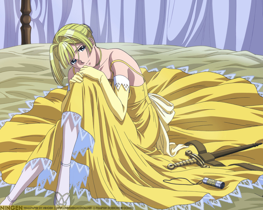 1girl, alice_l_malvin, bed, belt, blonde_hair, blue_eyes, bob_cut, choker