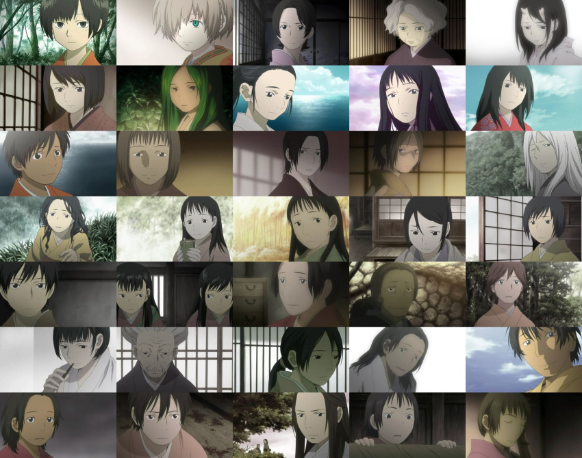 6+boys, 6+girls, amane_(mushishi), androgynous, annotation_request, aya_(mushishi), brown_hair, everyone, fuki_(mushishi), highres, horns, io_(mushishi), isana_(mushishi), ito_(mushishi), japanese_clothes, kimono, long_hair, michihi_(mushishi), mio_(mushishi), multiple_boys, multiple_girls, mushishi, nature, nui_(mushishi), ocean, old_woman, oni, renzu_(mushishi), screencap, setsu_(mushishi), shige_(mushishi), short_hair, sui_(mushishi), suzu_(mushishi), tan, tanyuu_(mushishi), yahagi_(mushishi)