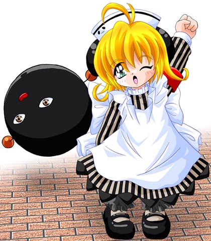1girl, arm_up, di_gi_charat, imai_kazunari, lowres, mary_janes, nazo_gema, one_eye_closed