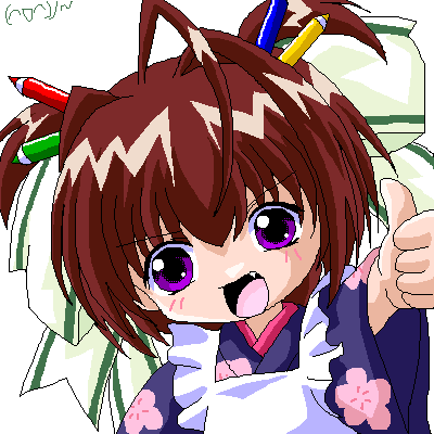 00s, 1girl, binzume_yousei, bottle_fairy, brown_hair, fang, female, imai_kazunari