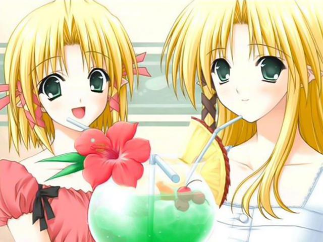 2girls, blonde_hair, blush, braid, dress, green_eyes, hair_ornament, hair_ribbon
