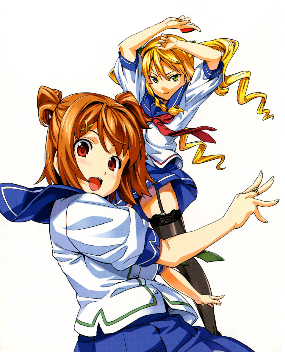 arms_up, blonde_hair, brown_hair, garter_belt, green_eyes, happy, himegami_kodama, himekami_kodama