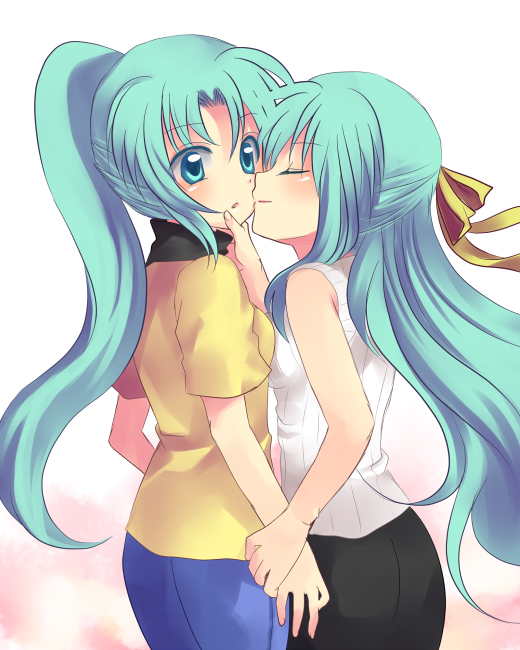 2girls, blush, chin_grab, green_eyes, green_hair, half_updo, hand_holding, higurashi_no_naku_koro_ni