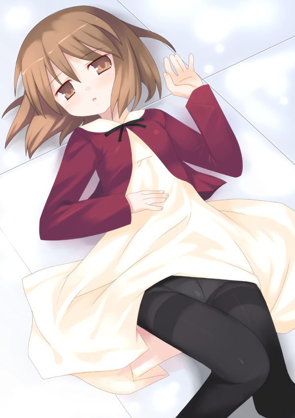 1girl, black_legwear, blush, brown_eyes, brown_hair, child, crotch_seam, flat_chest