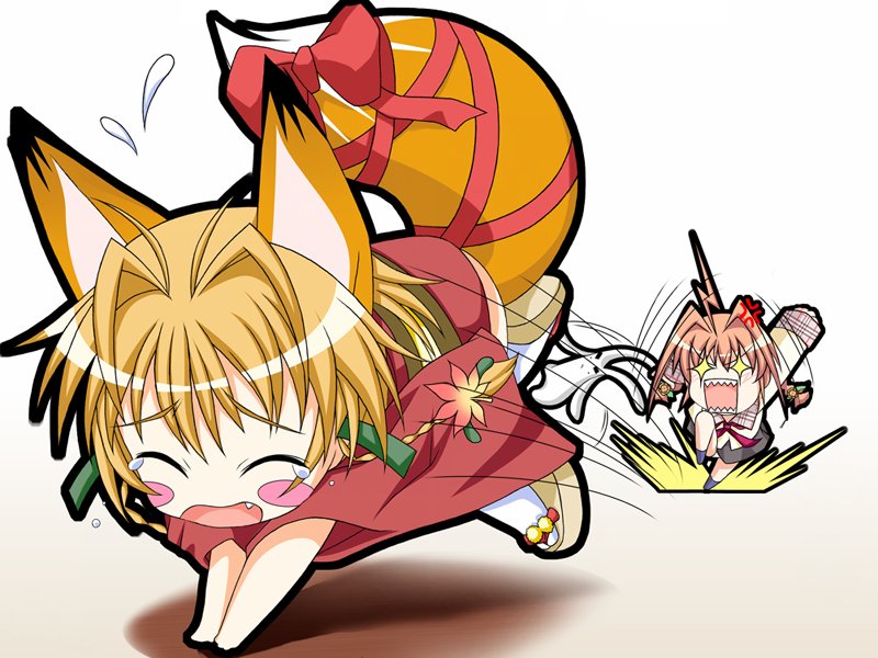+_+, 2girls, ahoge, angry, animal_ears, aojiru, blonde_hair, blush