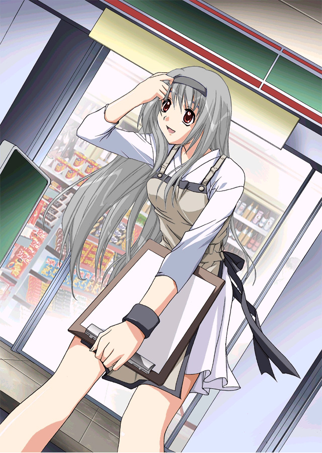1girl, apron, bad_anatomy, clerk, clipboard, grey_hair, hairband, long_hair