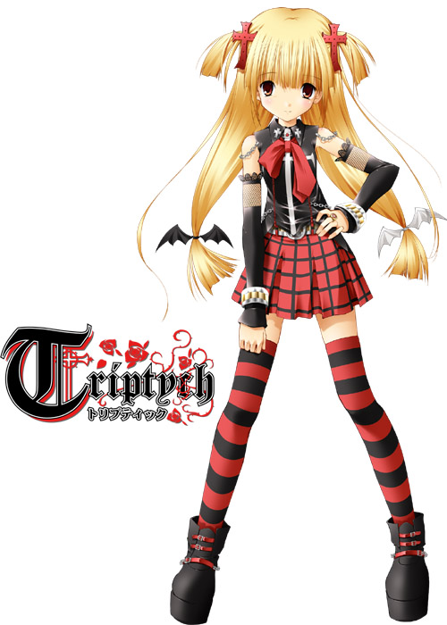 1girl, blonde_hair, brown_eyes, cross, detached_sleeves, gothic, hand_on_hip, hips, karen_(triptych), looking_at_viewer, miniskirt, nimura_yuuji, petite, plaid, plaid_skirt, saiga_(company), simple_background, skirt, solo, striped, striped_legwear, thigh-highs, triptych, twintails, very_long_hair, white_background, zettai_ryouiki