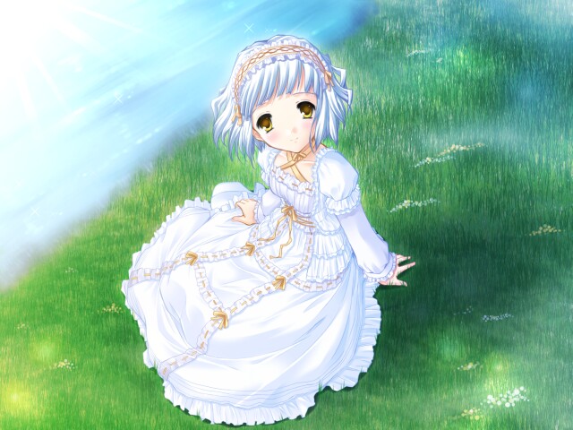 1girl, blush, dress, frills, game_cg, grass, hairband, looking_at_viewer