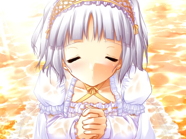 1girl, blush, closed_eyes, dress, frills, game_cg, hairband, hands_clasped