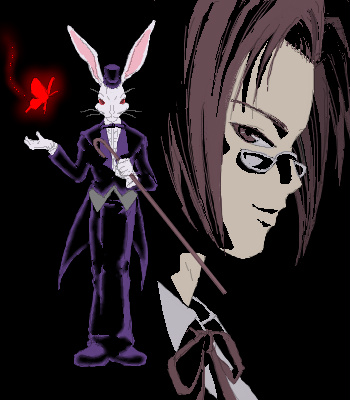 00s, 1boy, black_background, brown_eyes, brown_hair, butterfly, cane, evil_smile