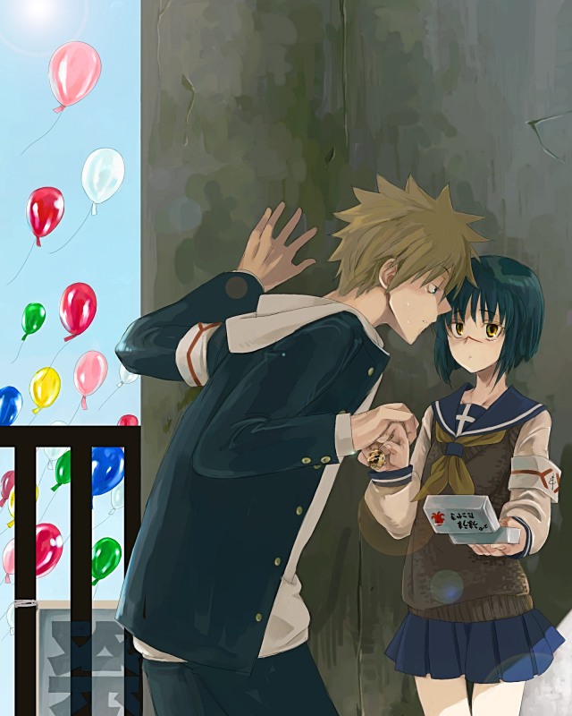 1boy, 1girl, against_wall, armband, balloon, blazer, blonde_hair, blue_hair, bob_cut, busou_renkin, couple, expressionless, face-to-face, facial_scar, futou_ryouko, hand_holding, hetero, jacket, lens_flare, long_sleeves, looking_at_another, nakamura_gouta, neckerchief, obentou, opaque(artist), pleated_skirt, scar, school_uniform, serafuku, skirt, spiky_hair, sweater, tsumura_tokiko, wall_slam, yellow_eyes
