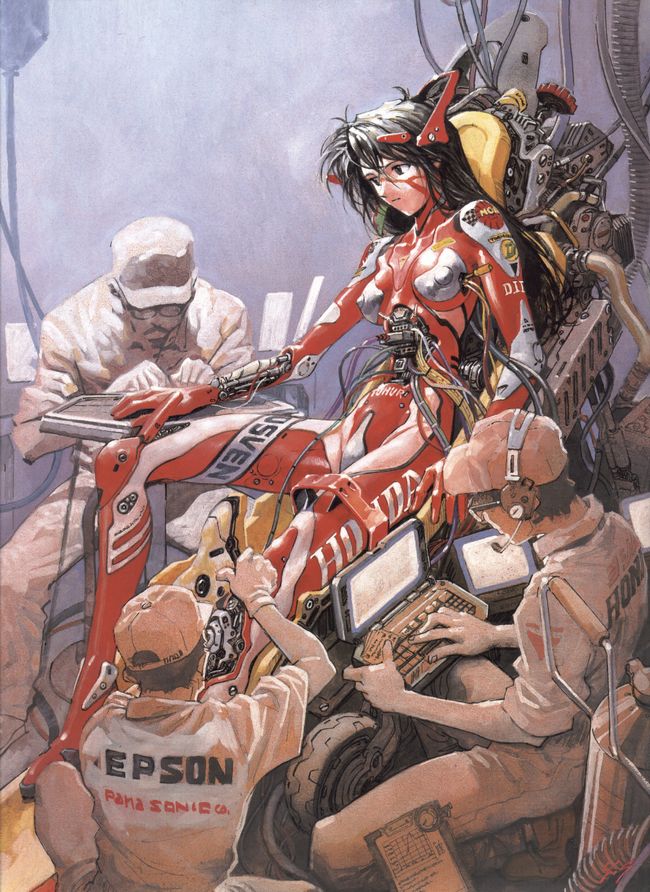1girl, 3boys, android, baseball_cap, black_eyes, black_hair, bodysuit, breasts, cable, clothes_writing, computer, cyborg, der_mond, english, epson, expressionless, facepaint, facial_hair, glasses, hat, headset, honda, laptop, large_breasts, long_hair, looking_afar, machinery, mecha, mechanic, multiple_boys, mustache, panasonic, panasonic_corporation, parody, parts_exposed, racing, racing_suit, robot, sadamoto_yoshiyuki, science_fiction, suzuka_hachitai_2050, techno, wheel, wire