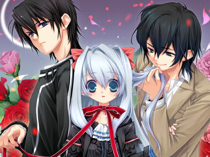 1girl, 2boys, ashe_(under_the_moon), black_hair, blue_eyes, blue_hair, flower, game_cg