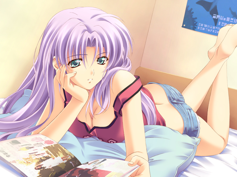 1girl, barefoot, bed, breasts, cleavage, dear_my_friend, denim, denim_shorts, feet, game_cg, green_eyes, hand_on_own_cheek, kusukusu, large_breasts, legs_crossed, nagamura_saeka, off_shoulder, purple_hair, shorts, sitting, soles, solo