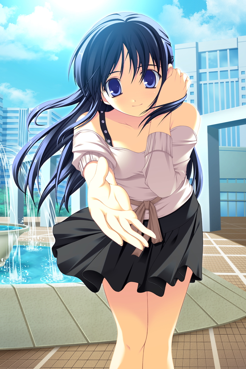 1girl, adjusting_hair, blue_eyes, blue_hair, city, fountain, game_cg, hands, highres, kaneda_haruka, nishizaki_eimu, outdoors, outstretched_arm, outstretched_hand, reaching, skirt, solo, tokyo_fuusa, wind