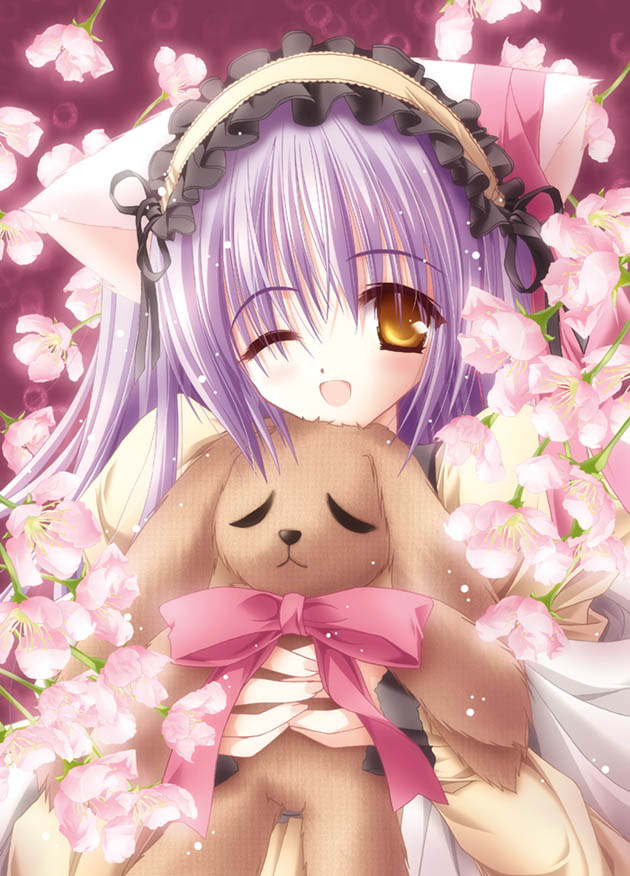 1girl, animal_ears, cafe_little_wish, cat_ears, doll, flower, game_cg, maid, mina_(cafe_little_wish), original, solo, stuffed_animal, stuffed_bunny, stuffed_toy, tinker_bell, wink