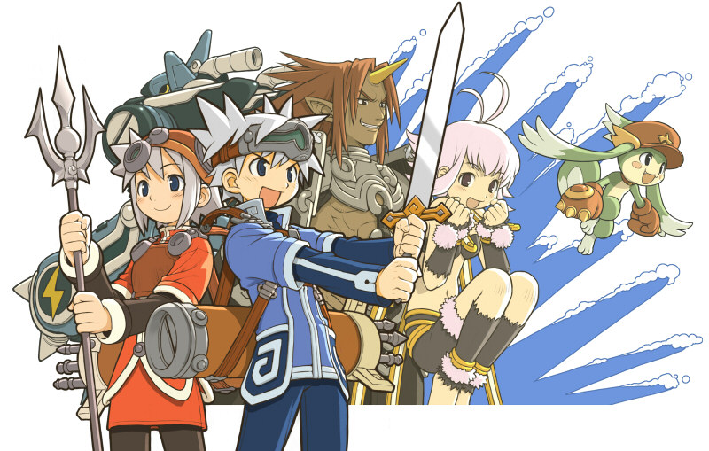 2boys, 2girls, blue_eyes, cleru, gashin, horns, kutty, multiple_boys