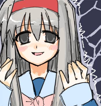 1girl, bangs, buchou, evil_smile, grey_eyes, grey_hair, hairband, hands_up, long_hair, looking_at_viewer, lowres, mahoraba, portrait, school_uniform, smile, solo, trembling