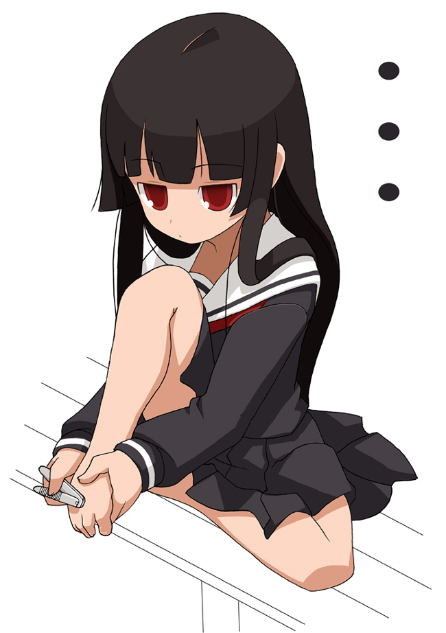 1girl, bangs, barefoot, black_hair, blunt_bangs, enma_ai, feet, hime_cut, imaizumi_teruhiko, jigoku_shoujo, nail_clippers, pedicure, school_uniform, serafuku, solo, teruhiko_imaizumi, toenails, toes