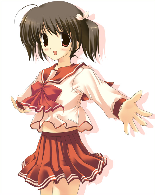 1girl, :d, ahoge, brown_hair, kisaki_yuu, open_mouth, red_eyes, school_uniform