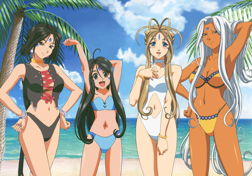 4girls, 90s, :d, aa_megami-sama, aa_megami-sama:_sorezore_no_tsubasa, age_difference, ahoge, antenna_hair