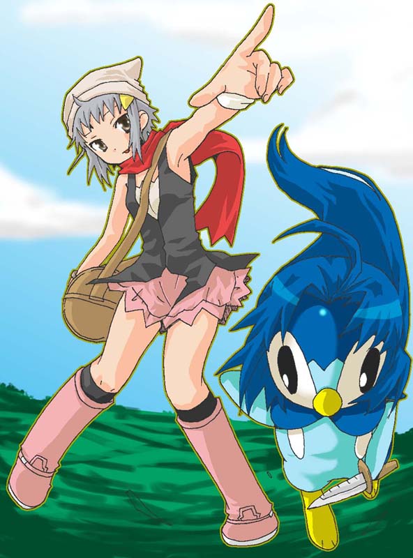 1girl, alternate_hairstyle, asakura_ryouko, asakura_ryouko_(cosplay), bag, beanie, blue_hair, boots, cosplay, crossover, dagger, duffel_bag, hat, hikari_(pokemon), hikari_(pokemon)_(cosplay), knife, nagato_yuki, pink_boots, piplup, pokemon, red_scarf, scarf, silver_hair, skirt, suzumiya_haruhi_no_yuuutsu, weapon
