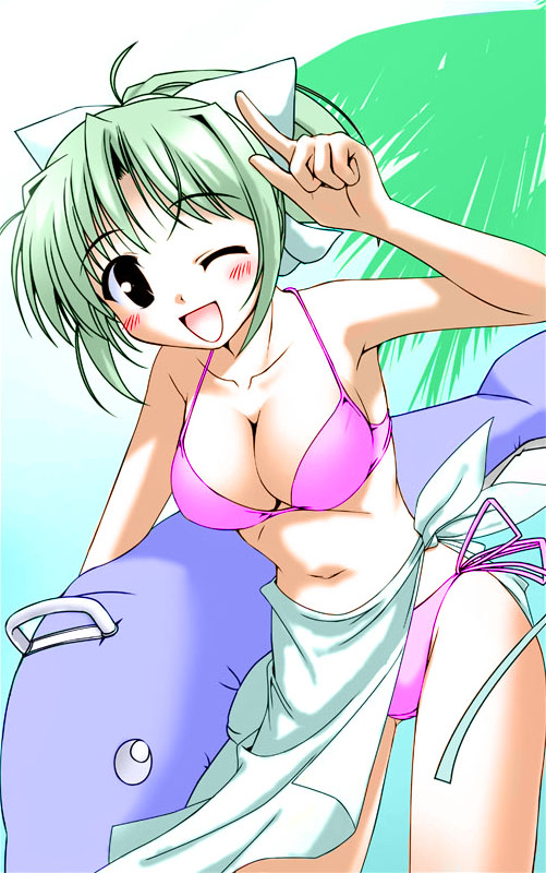 1girl, ;d, bekkankou, bikini, black_eyes, blush, bow, breasts, cleavage, green_hair, hair_bow, hair_ribbon, inflatable_dolphin, inflatable_toy, one_eye_closed, open_mouth, ponytail, ribbon, sarong, short_hair, side-tie_bikini, smile, solo, swimsuit, tooyama_midori, wink, yoake_mae_yori_ruri_iro_na