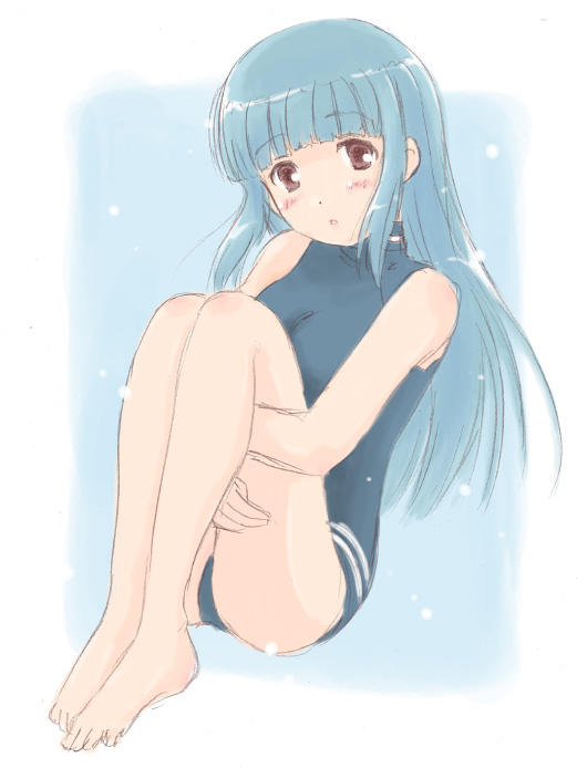 barefoot, blue_hair, blush, feet, leg_hug, long_hair, one-piece_swimsuit, open_mouth